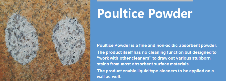 ConfiAd® Poultice Powder is a fine and non-acidic absorbent powder.
The product itself has no cleaning function but designed to “work with other cleaners” to draw out various stubborn stains from most absorbent surface materials.
The product enable liquid type cleaners to be applied on a wall as well.
